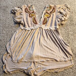 Free People Beige Embroidered Blouse
